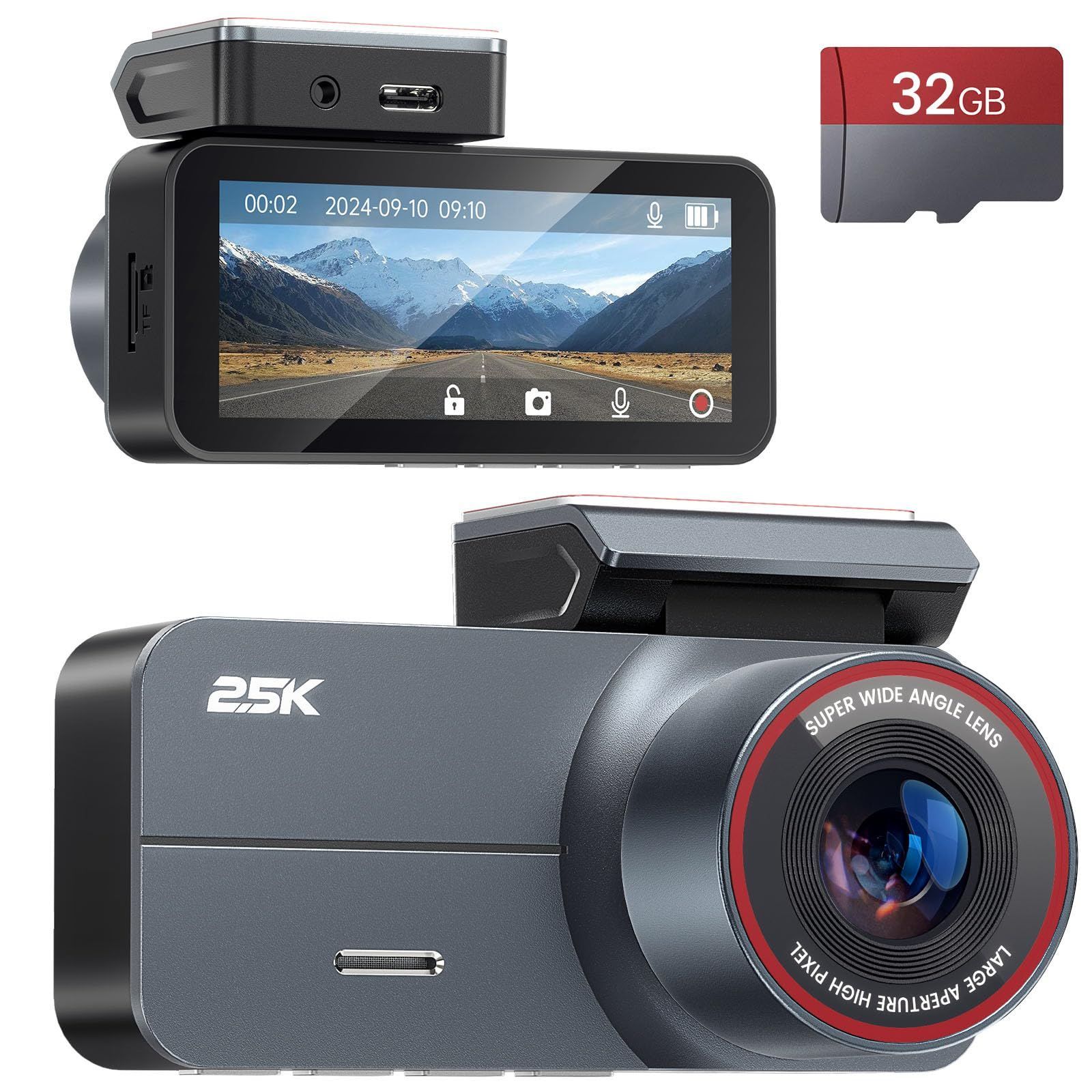 HD画質 3.39インチ液晶画面 2.5K 160°超広角 衝撃録画 小型ドラレコ 上書き録画 Gセンサー コンパクト ループ録画 常時録画 ドラレコ 夜間撮影 エンジン連動 ダッシュカム 車載 フロントカメラ 前1カメラ 取付簡単 32GBメモリーカード付き