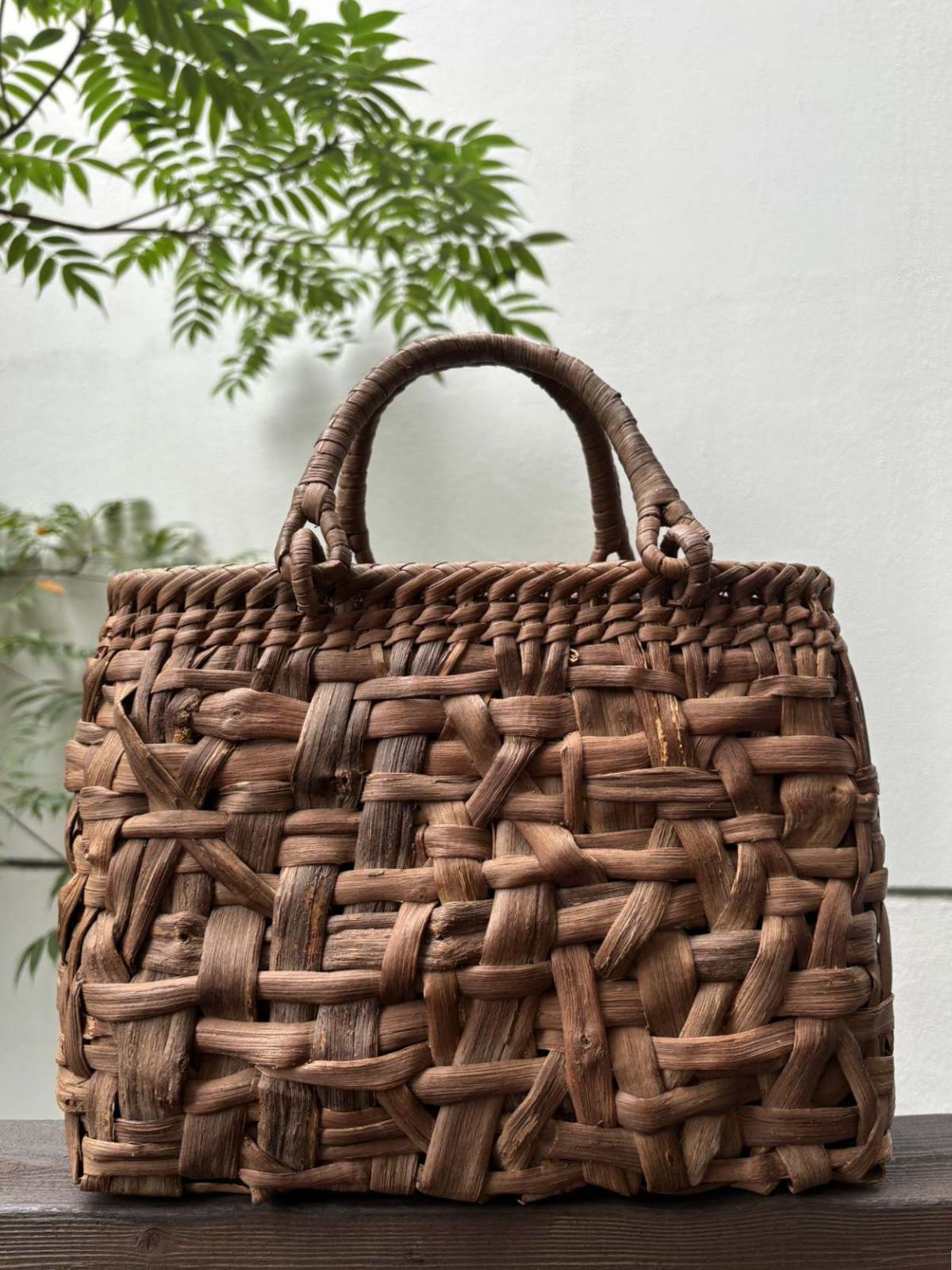 山葡萄かごバッグ 手作り 山葡萄籠バッグ 乱れ編み、花編み 内布あり