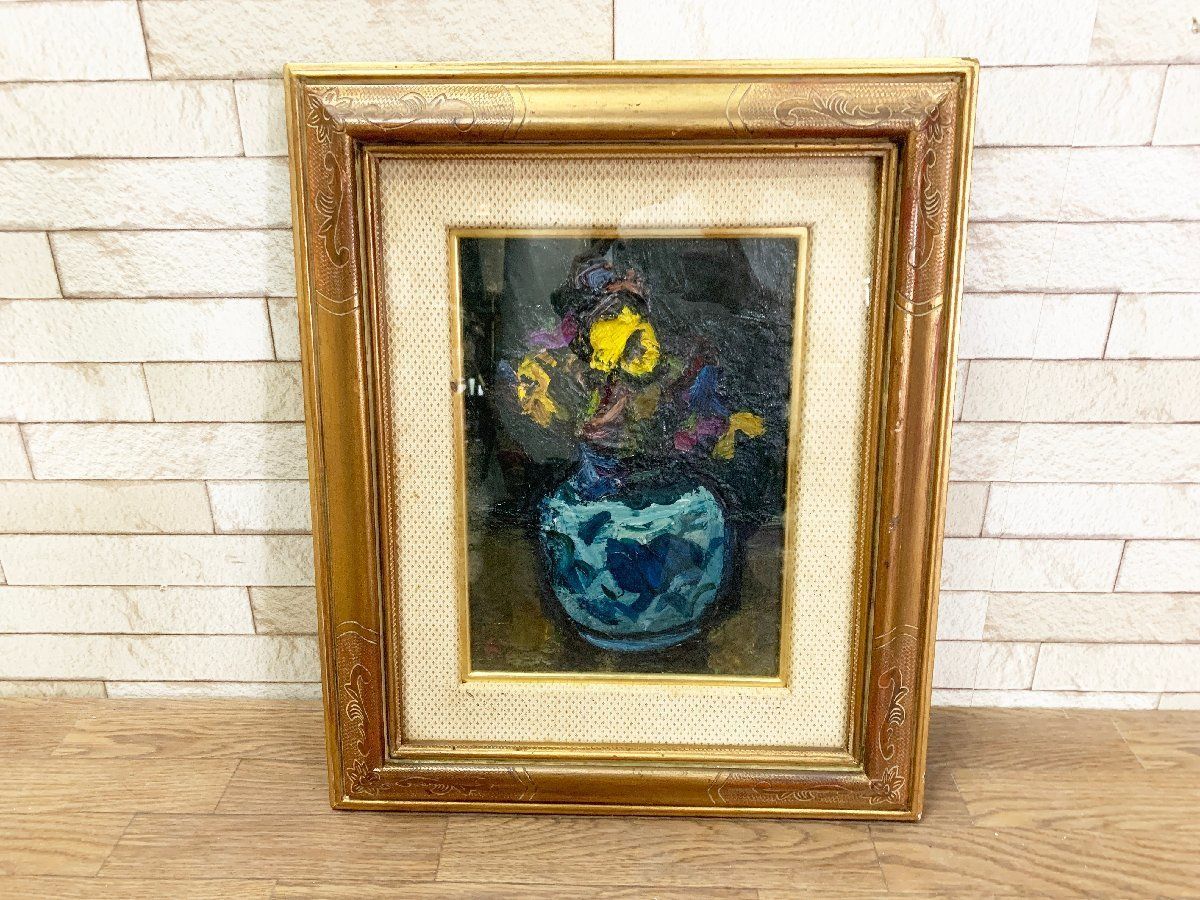 元川嘉津美 三色菫 パンジー 油絵 絵画 肉筆画 花 花瓶 額装 インテリア 額寸45cm×55cm 他050