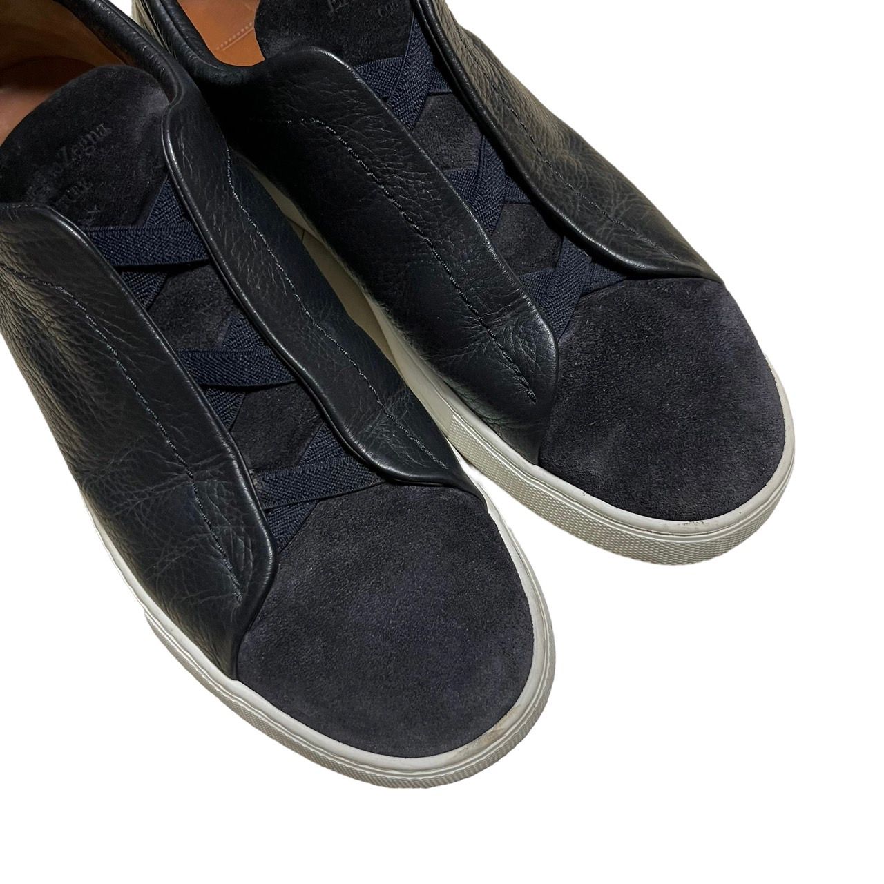 ゼニア Zegna ネイビー レザー スリッポンスニーカー