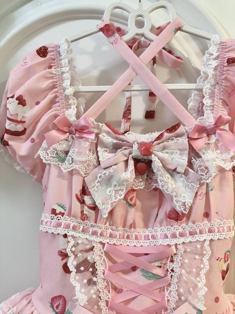 【苺パフェ】ロリータドレス リボン可愛いゴスロリ 森ガール 姫様スイーツ柄ピンク 苺パフェ】イチゴ ロリータドレス リボン 可愛いゴスロリ 森