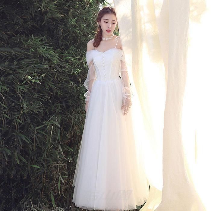 ウエディングドレス 結婚式 二次会 袖あり 花嫁 披露宴 ウェディングドレス ロングドレス ブライダル Aラインドレス wedding dress ホワイWP特別価格104