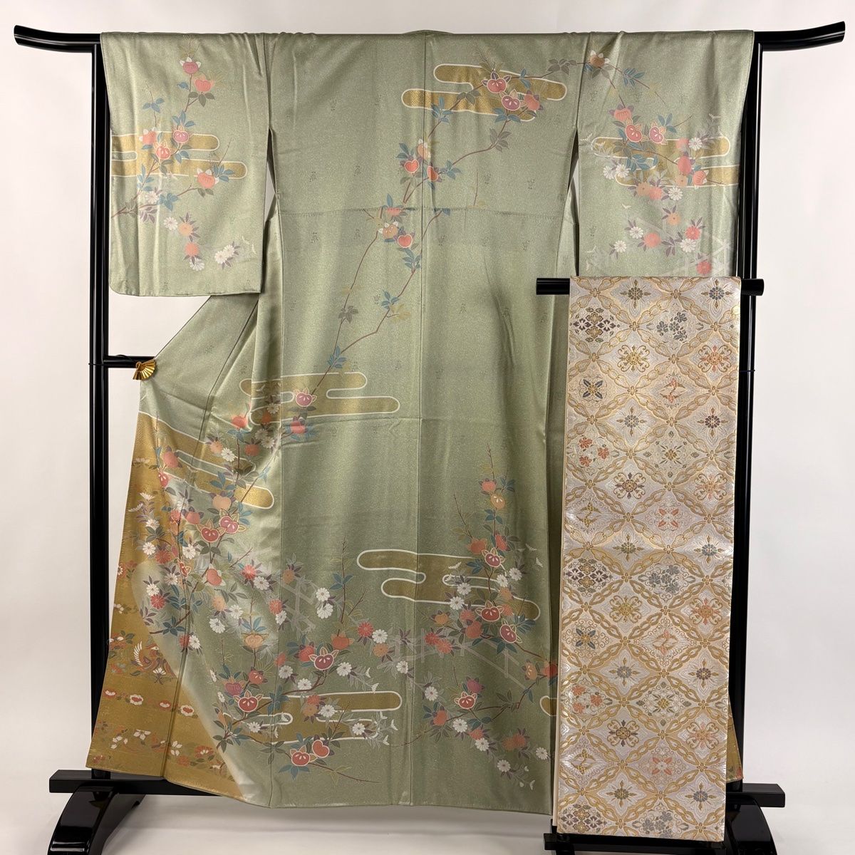 訪問着 身丈160.5cm 裄丈65.5cm M 袷 袋帯セット 橘花 ヱ霞 金糸 金彩 薄緑 正絹 名品