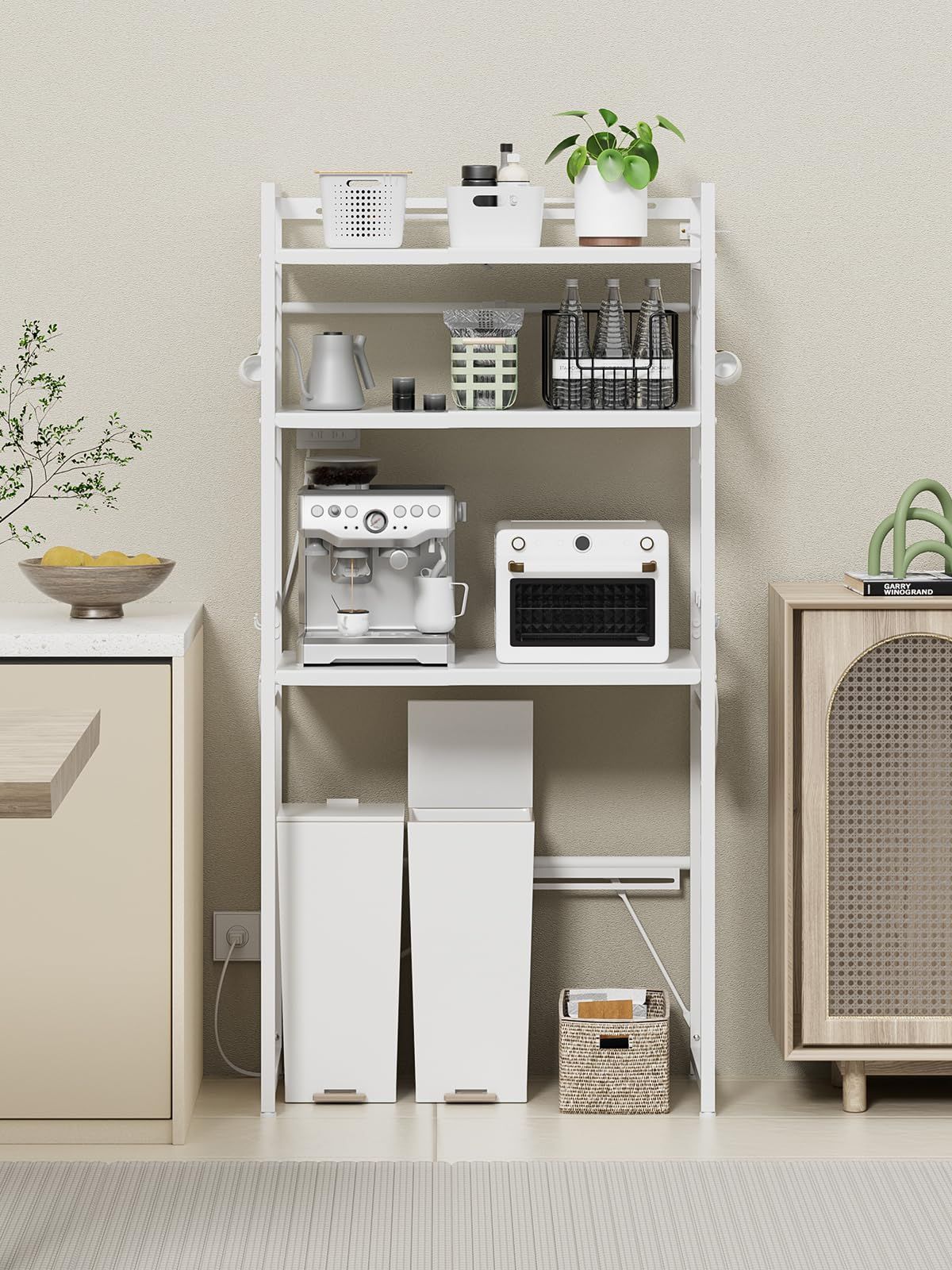 ゴミ箱上ラック冷蔵庫上ラック電子レンジラック洗濯機ラックレンジ台トースター置き台多機能伸縮キッチンラック3段 キッチンボード 収納棚 収納ラック レンジボード ランドリーラック スチール スリム おしゃれ 整理 北欧 フック12個付き 両方にワイヤーネット収納