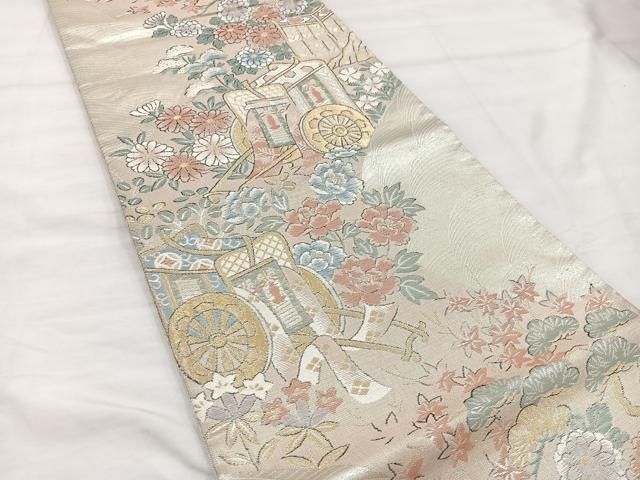 平和屋着物◎六通柄袋帯 明綴更紗金繍 御所車花文 正絹 逸品