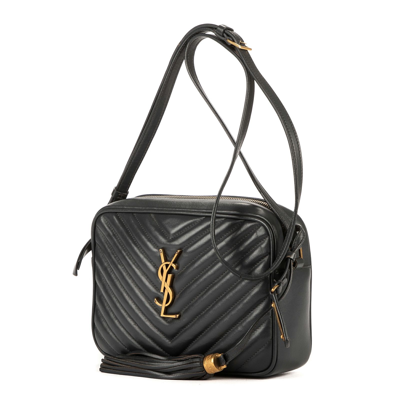 YVES SAINT LAURENT イヴサンローランルーカメラダークグレーシェブロン マトラッセ カーフスキン レザーA