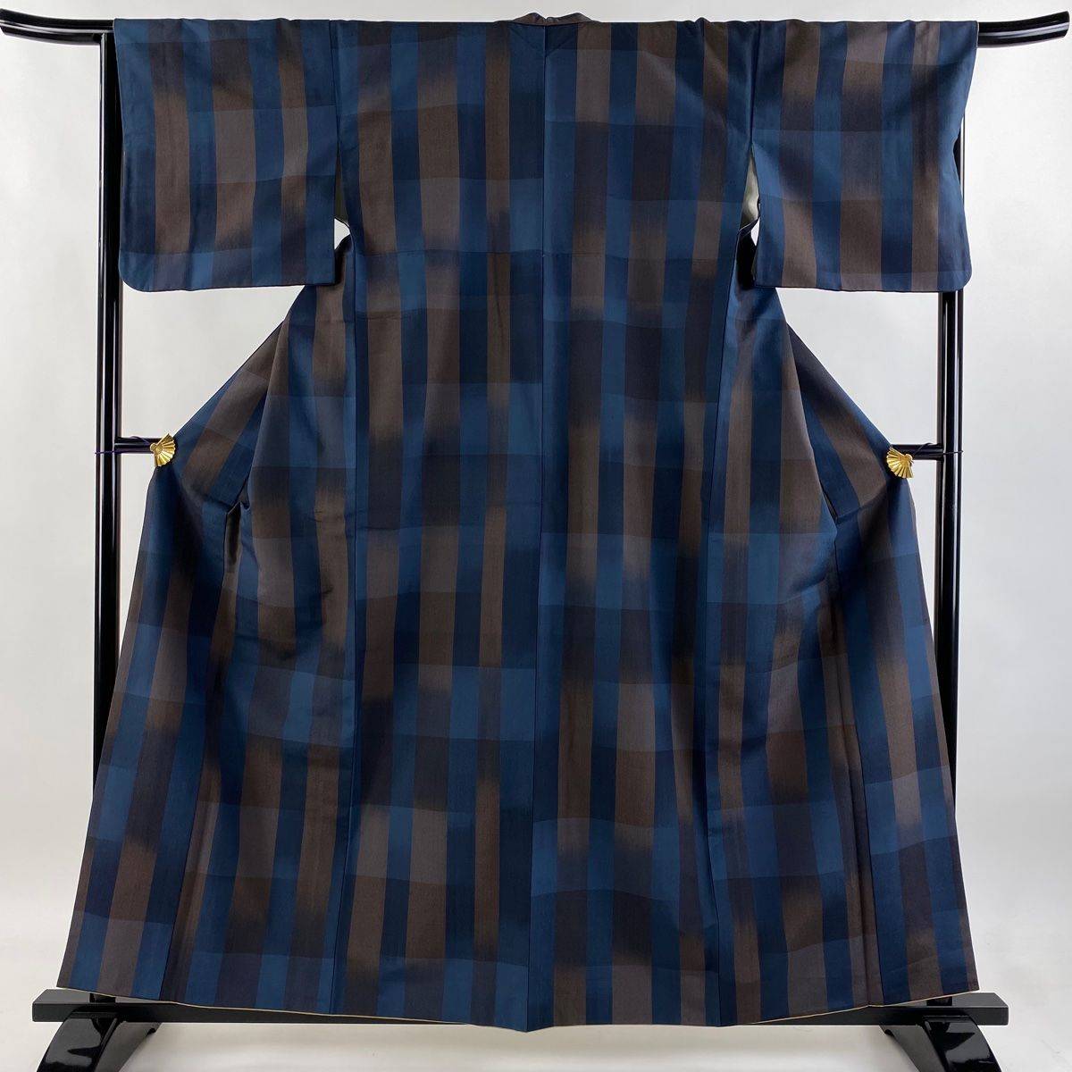 紬 身丈159cm 裄丈67cm M 袷 格子 藍色 正絹 秀品
