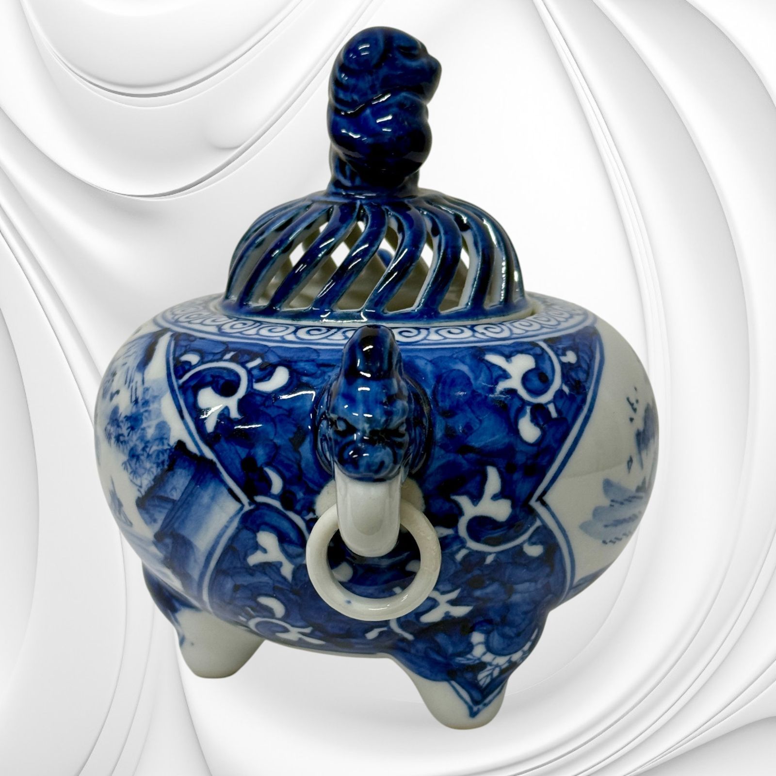 九谷焼 香炉 染付山水 道八 三つ足 4.5号 双耳 獅子 インテリア