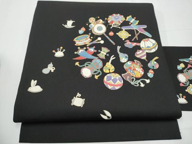 平和屋着物●塩瀬　九寸名古屋帯　玩具文　金彩　正絹　逸品　CAAY9990hy 平和屋着物○塩瀬 九寸名古屋帯 玩具文 黒地 金彩 正絹 逸品