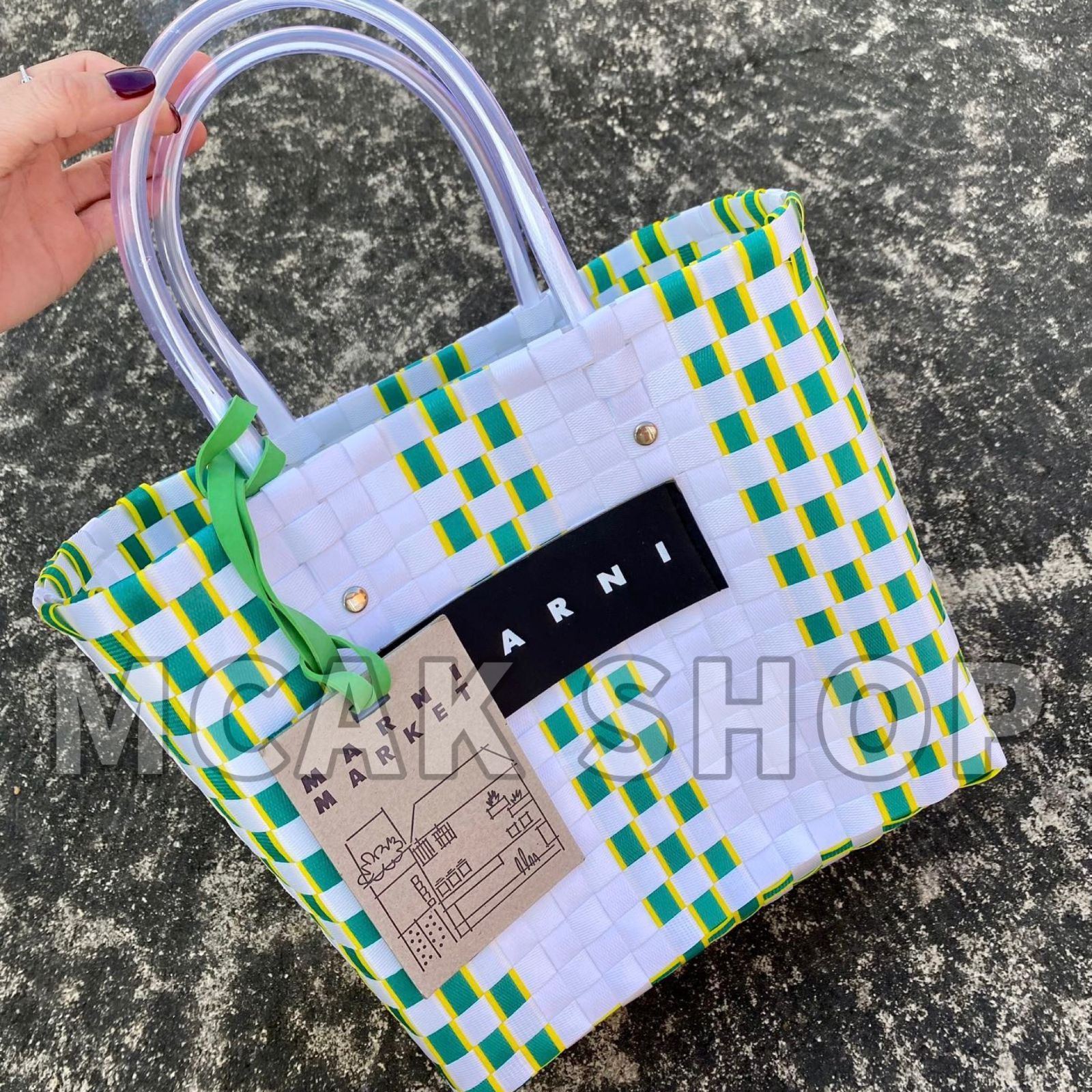 美品 MARNI MARKET マルニマーケット ファッション レディース バッグ ハンドバッグ ピクニックバッグ かごバッグ グリーン×ホワイト