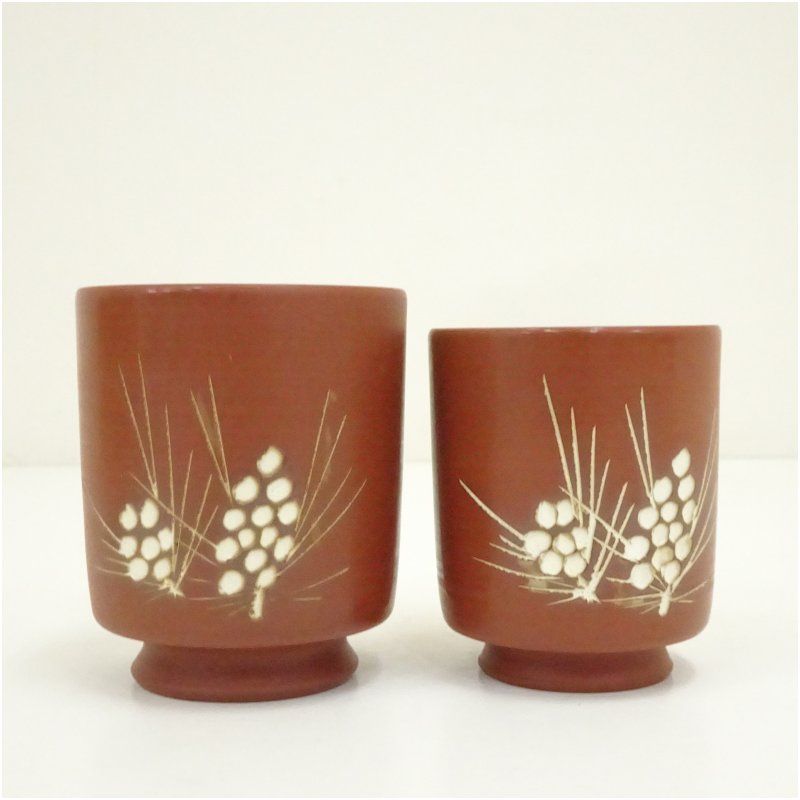 茶道具　無名異焼　砧型　花瓶　花入　佐州窯　　渡辺陶三　共箱　陶芸　新潟　佐渡 佐渡無名異焼 渡辺陶三造 朱泥夫婦湯呑（共箱） 湯飲み 湯呑み