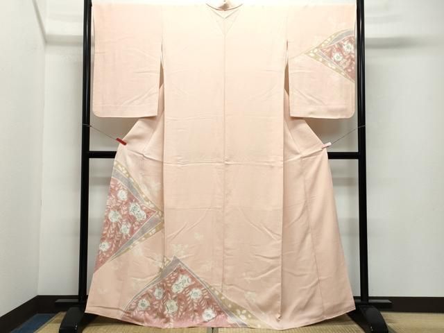 訪問着 作家もの 単衣 金彩 波地紋 波模様 リーフ模様 着物 084a