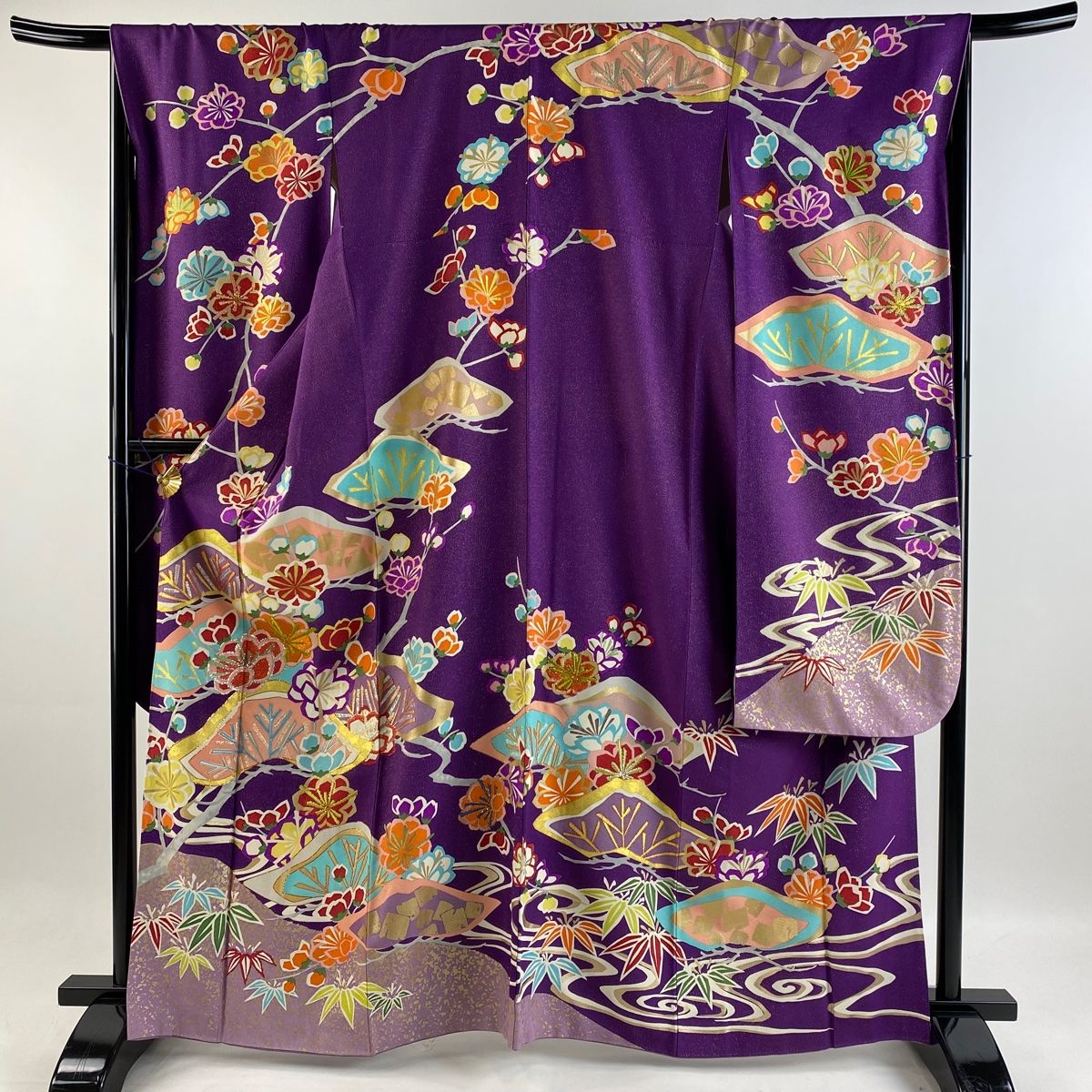 紫黒色 松竹梅 振袖 身丈163 振袖 身丈163cm 裄丈68.5cm L 袷 松竹梅