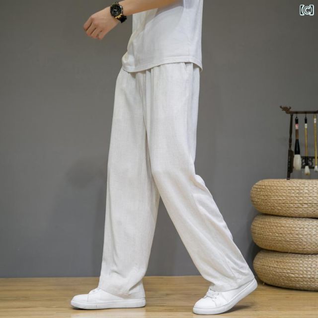 [4XL] メンズ ファッション 服 男性用 オシャレ シンプル 大人 かっこいい 大きいサイズ ストリート 紳士服 リネン パンツ 夏 綿 ワイド レッグ カジュアル ストレート 唐装 ズボン 秋 