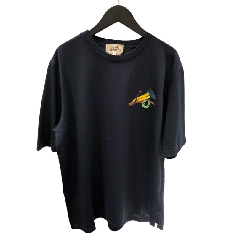 エルメス HERMES レザーミニパッチＴシャツ ネイビー 綿 羊革 レディース 半袖Ｔシャツ