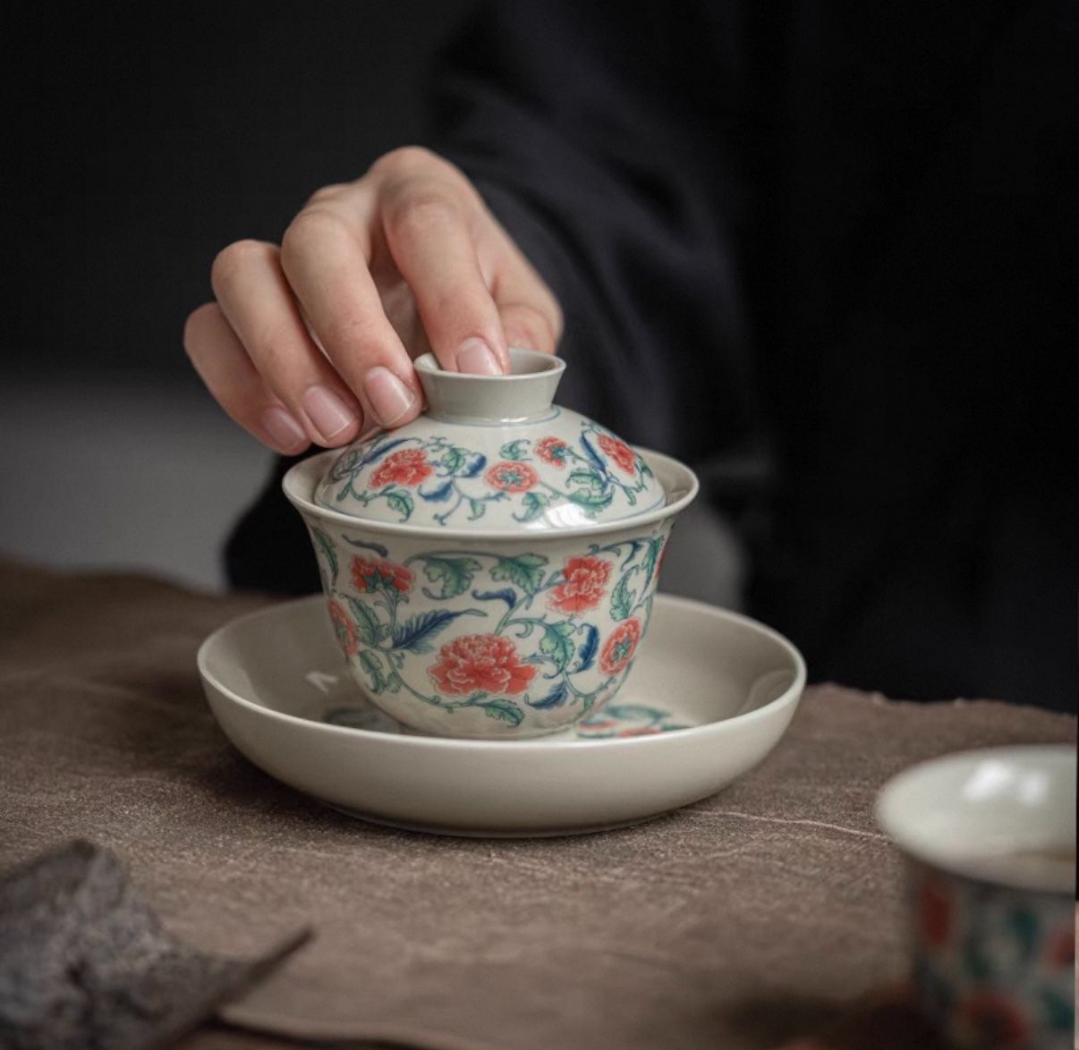 中国茶器 景徳鎮 陶磁器 鳥語花香三才蓋碗 茶碗 煎茶器 新品未使用 景