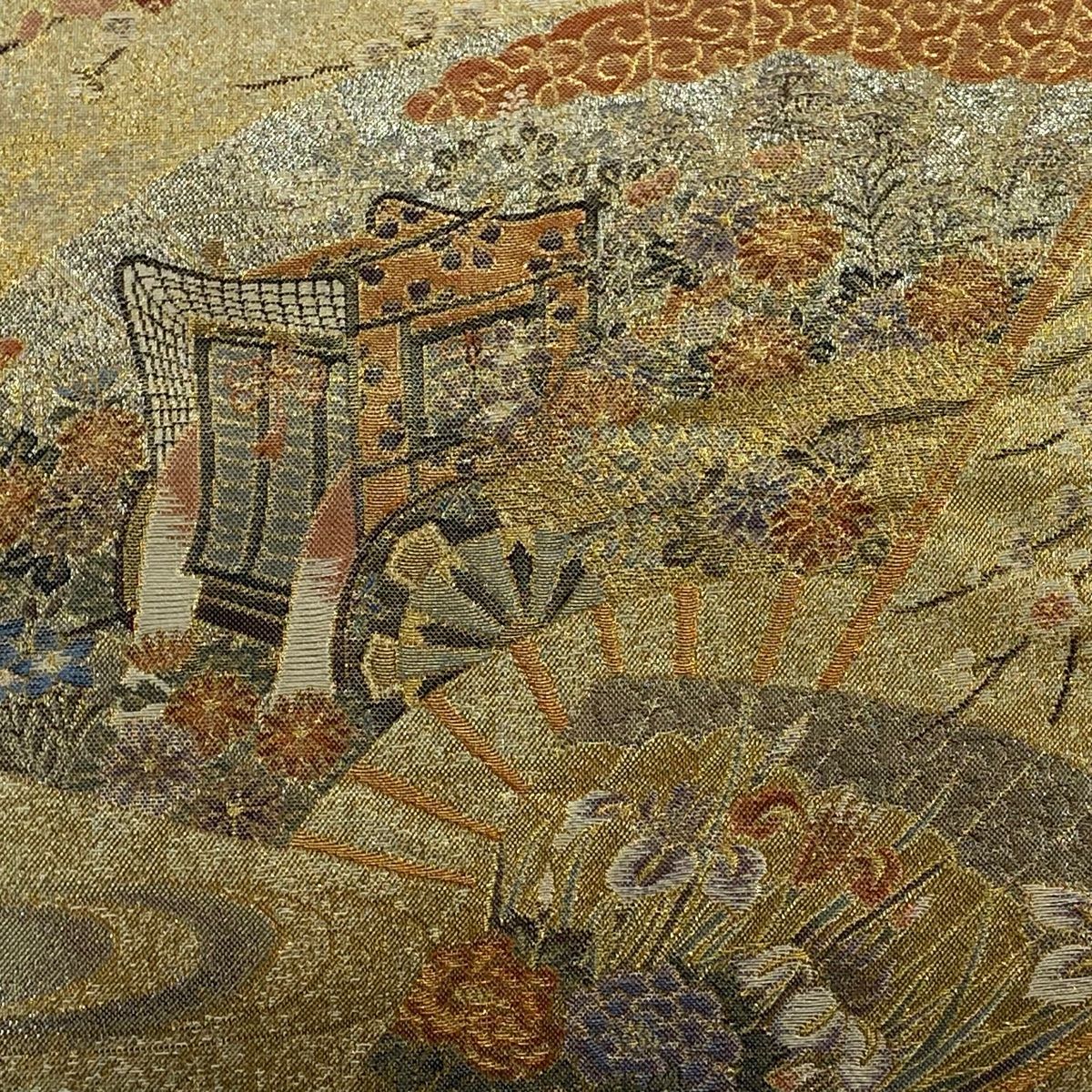 丸帯 プラチナ本金箔 壱阡八百口織 桃山扇面屏風文 金色 お太鼓柄 正絹