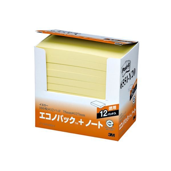 まとめ 3M ポストイット エコノパック ノート 再生紙 75×127mm イエロー 6551-Y20 1パック 12冊 ×2セット