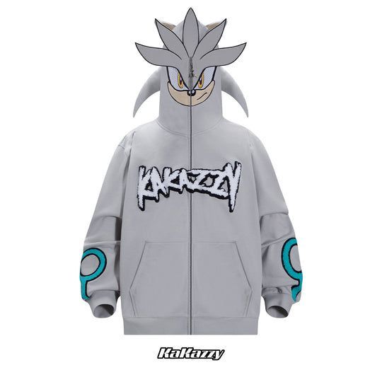 KaKazzy】ソニック SONIC グレー フルジップ パーカー 男女着用