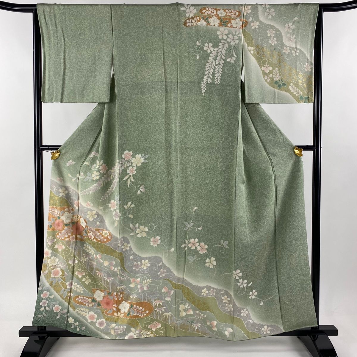 訪問着 身丈158cm 裄丈64.5cm M 袷 霞 辻が花柄 金彩 ぼかし 薄緑 正絹 名品