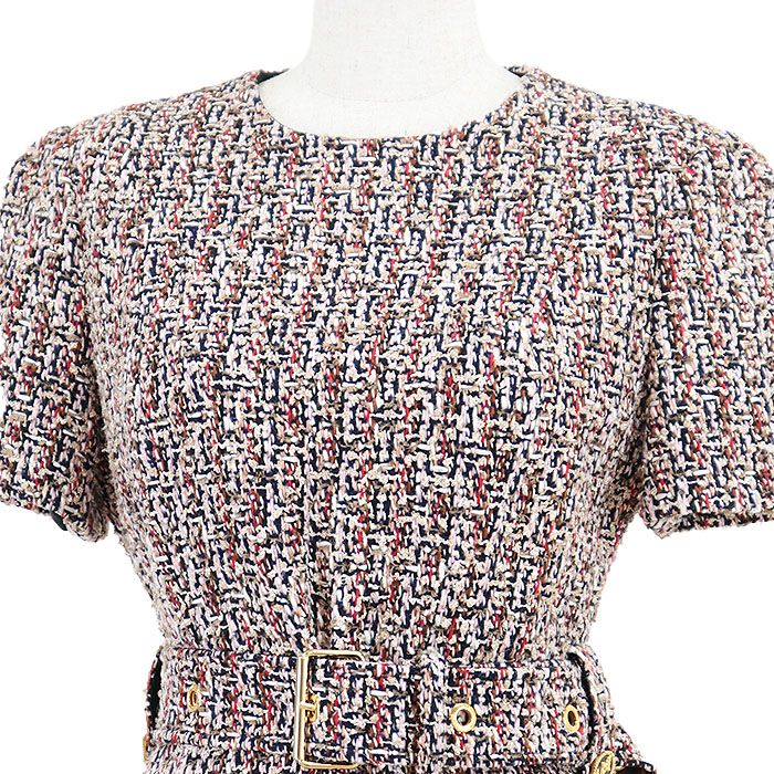 LOUIS VUITTON ルイ ヴィトン スケータードレス 2021 AW ツイード ラメ糸 LV ロゴ モノグラムフラワー ベルテッド ウール混 ショートスリーブ 半袖 ワンピース レディース 38 マルチ イタリア製 RW 212 W FH 0