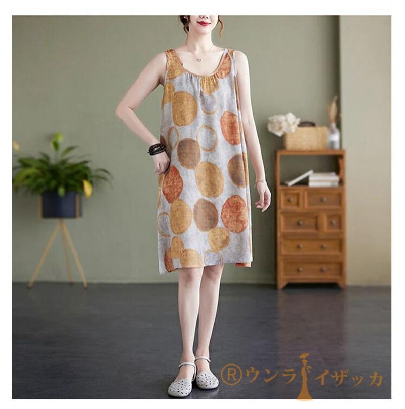 【美品】モンサカタ　ノースリーブワンピース・台形・ひざ丈・リネン・麻・ 美品】モンサカタ ノースリーブワンピース・台形・ひざ丈