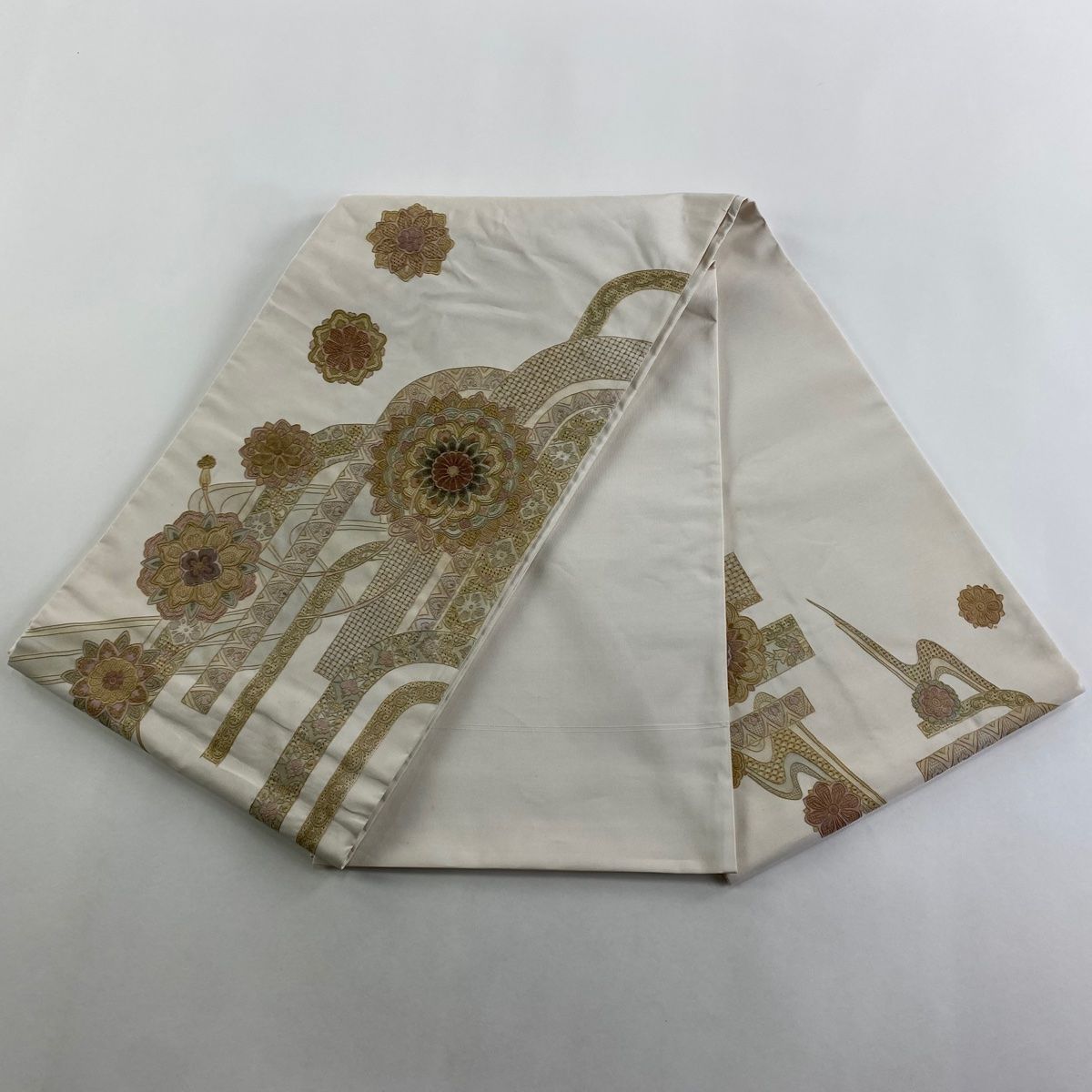 刺繍 袋帯 お太鼓柄 金糸 正絹 袋帯 秀品 華文 組紐 刺繍 金糸 クリーム お太鼓柄 正絹 【中古