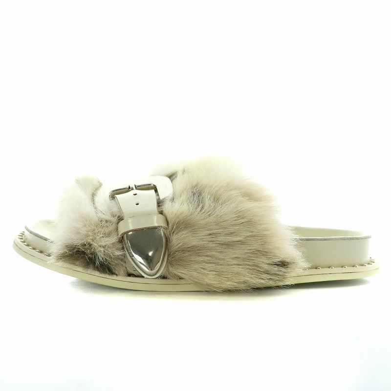 ピッピシック PIPPICHIC バックルベルトエコファーサンダル Backle Belt Eco fur Sandal フラット フェイクファー  レザー 37 24.0cm 白 ホワイト 黒 ブラック /NW27