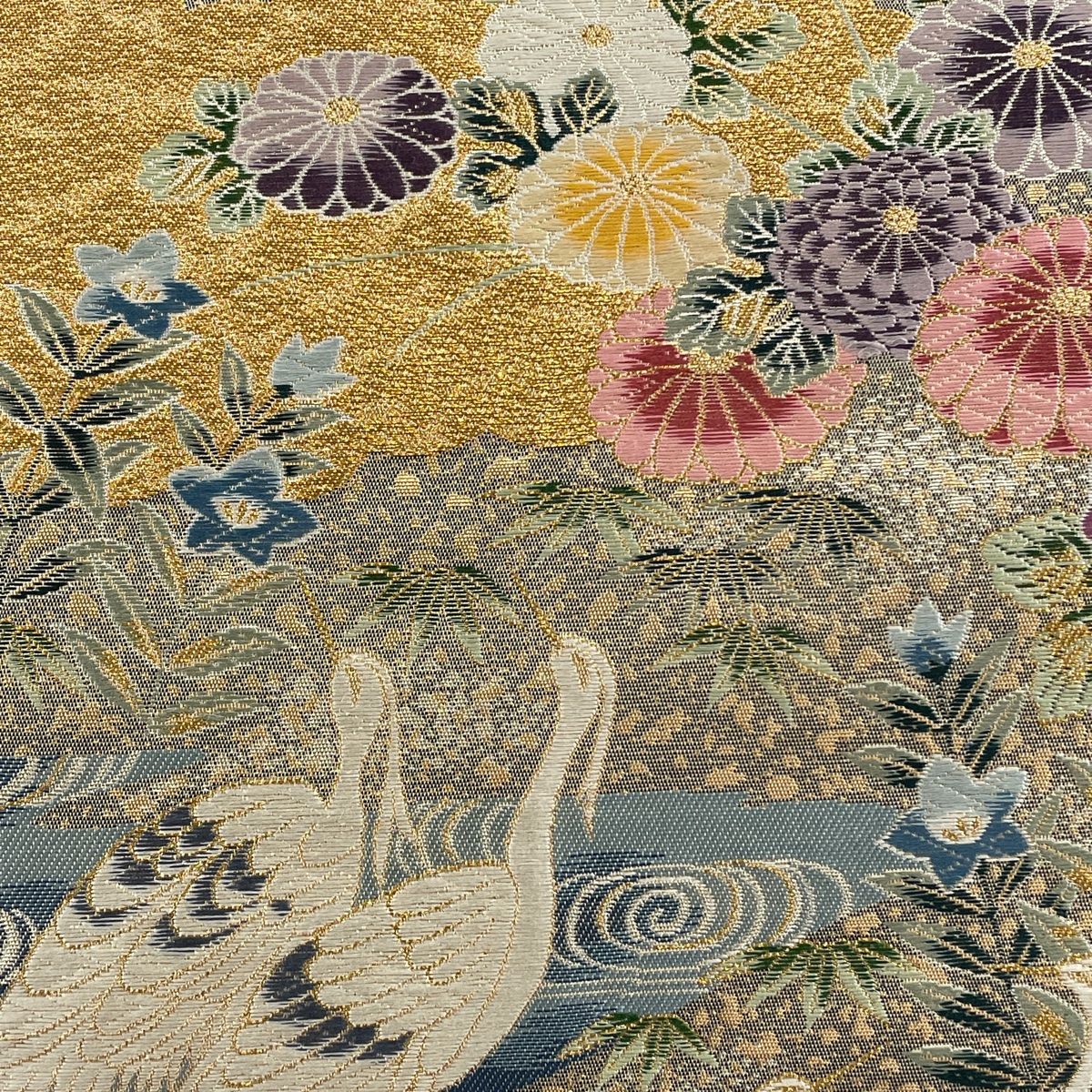 袋帯 美品 秀品 鳥 草花 箔 焦茶色 六通 正絹 【中古】