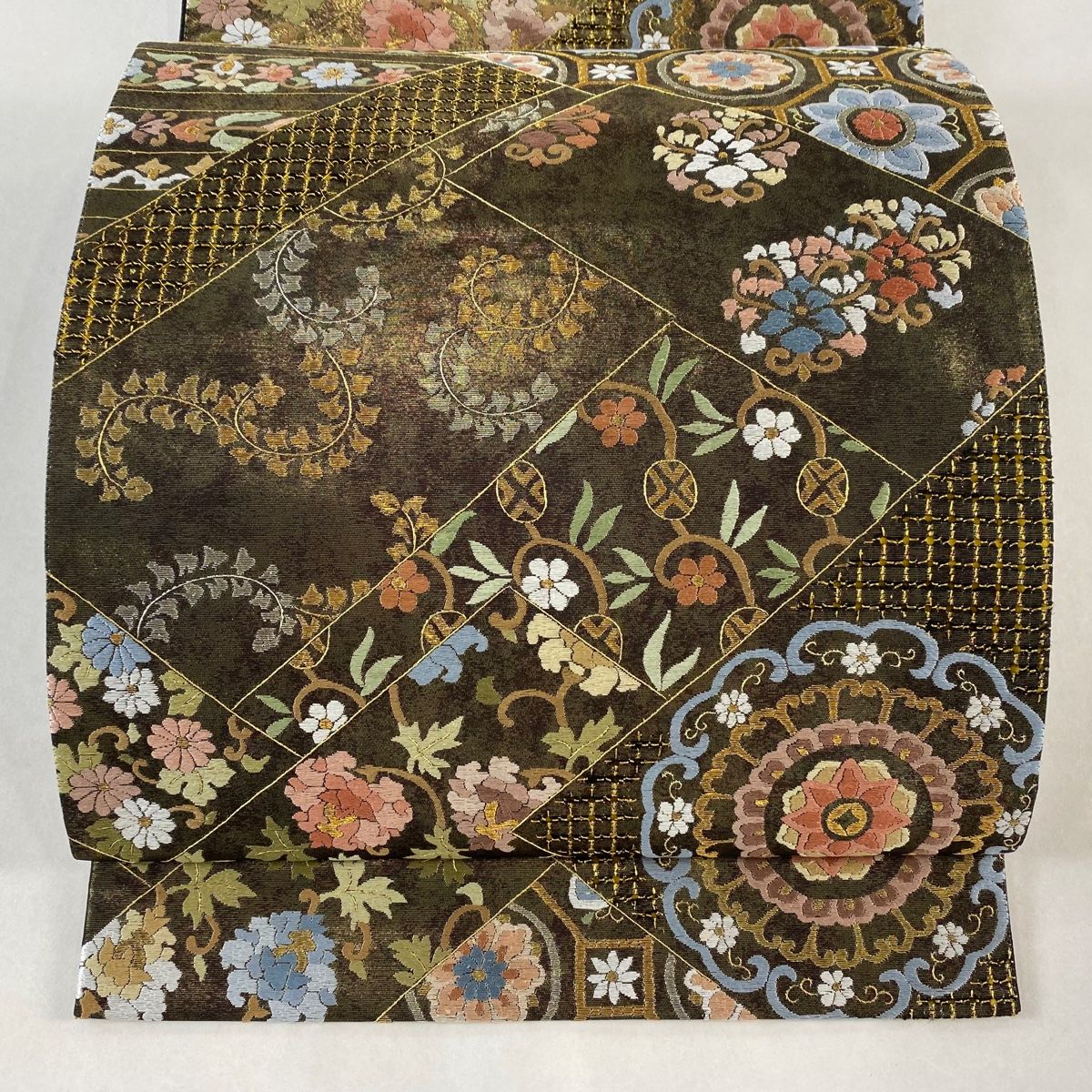 袋帯 華文 蜀江文 刺繍 金銀糸 金色 六通 正絹