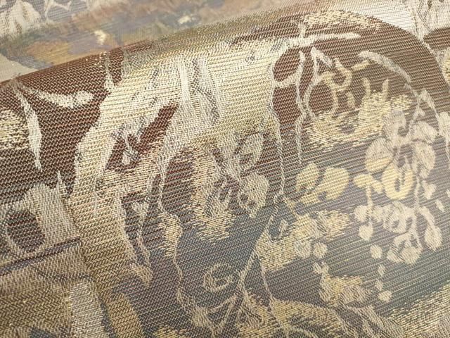 平和屋着物▽両面両方向丸帯 草花文 金銀糸 正絹 逸品