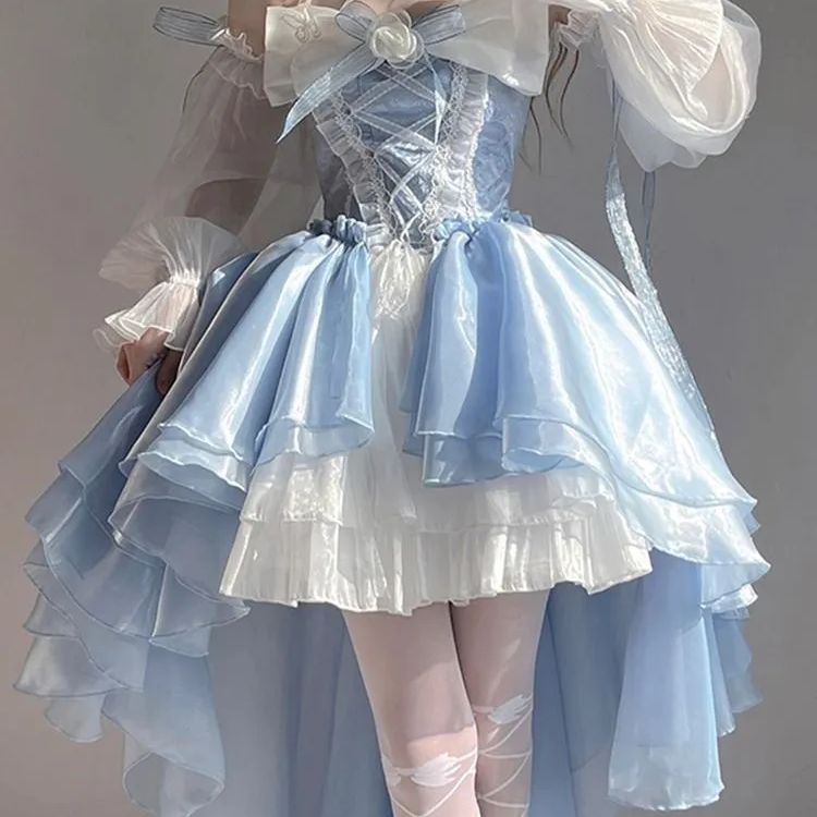 青いトレーン付きドレス ロリータファッション ワンピースドレス 花嫁 プリンセスドレス