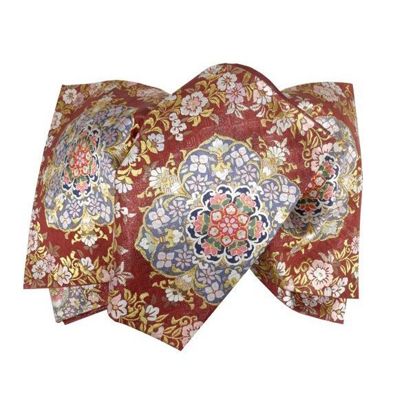 袋帯 振袖用 USED 正絹 仕立て上がり 赤茶 菱 宝相華 No01 六通柄 振袖  