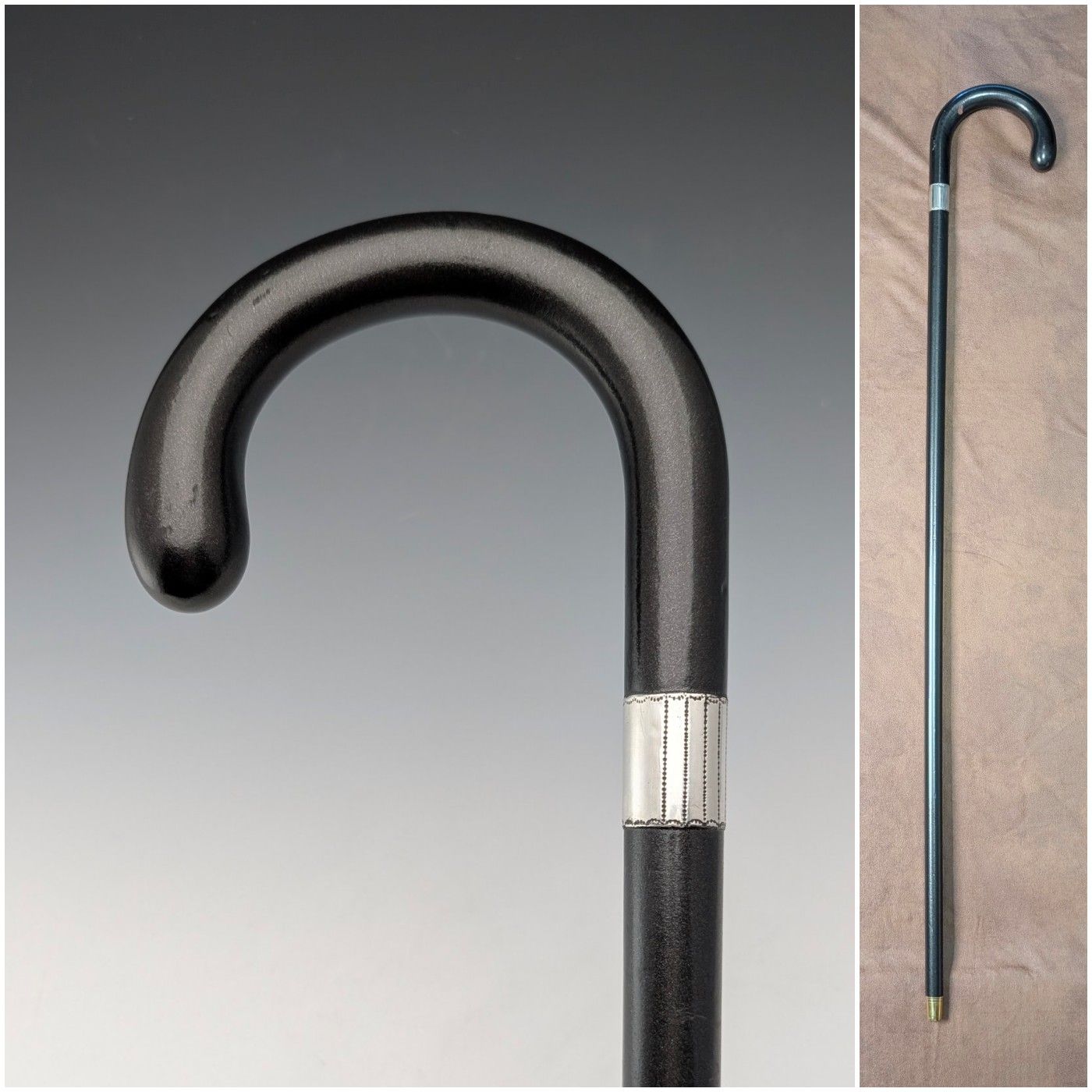 1927年 英国ヴィンテージ 黒軸 曲がりハンドル 純銀装飾 ステッキ 杖