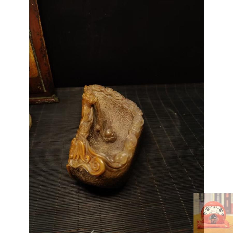 中国古美術.古寿山田黄石彫り.瑞獣筆洗い.文房具. 書道品. . 文