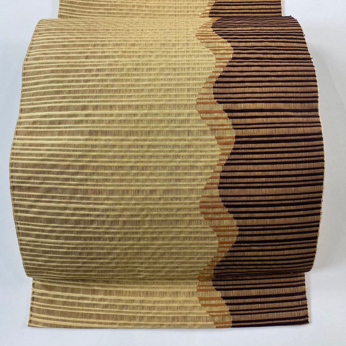 名古屋帯 優品 八寸名古屋帯 松葉仕立て 縞 よろけ縞 薄茶色 正絹