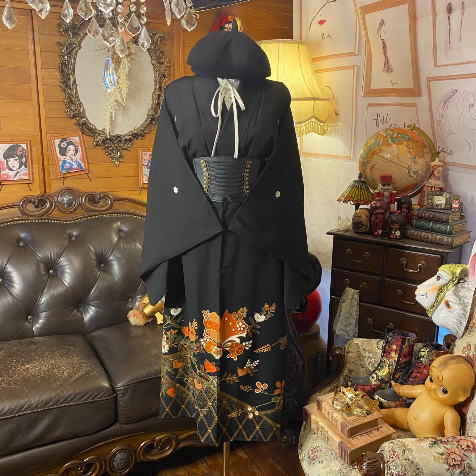 和洋折衷 黒留袖 着物 リメイク セミロング ワンピース ドレス 洗える