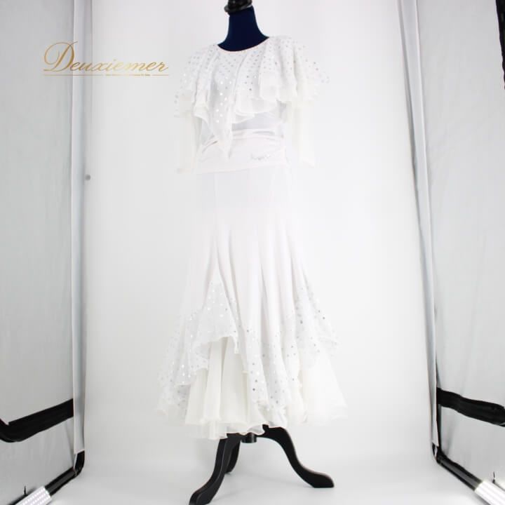 楽しい 社交ダンス 衣装 スタンダード セットアップ ツーピース レッスンウェア レディース オールシーズン Roger ホワイト系 ドット 水玉 白 長袖 ラインストーン シルバー系 ポリエステル 伸縮性 腰ゴム 女性用 ファッション おしゃれ 別荘 パーティー フローのある