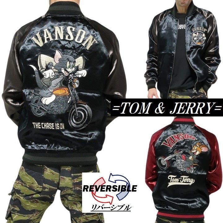 VANSON バンソン トムとジェリー コラボ リバーシブル スカジャン メンズ/レディース/ユニセックス ヴァンソン TOM u0026 JERRY ジャケット ライトアウター ブラック/レッド サイズM-L-XL TJV-2507