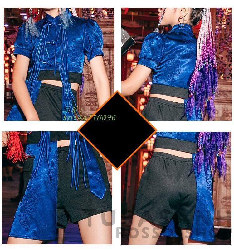 キッズ ダンス衣装 レトロ 紺 半袖 セット へそ出し ジャズダンス 応援団 ヒップホップ HIPHOP 練習着 チアガール 韓国 ステージ衣装 kni4a716096