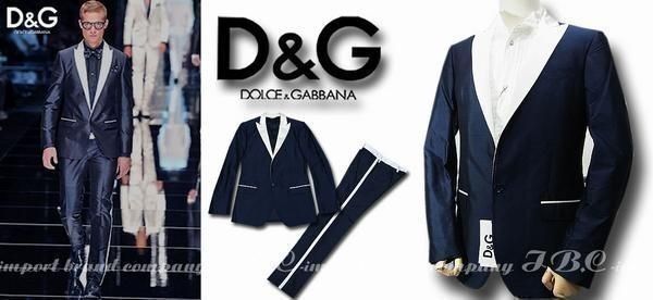 ★DOLCE&GABBANA★ドルガバD&Gシルク1Bスーツ紺×白ライン46紺白