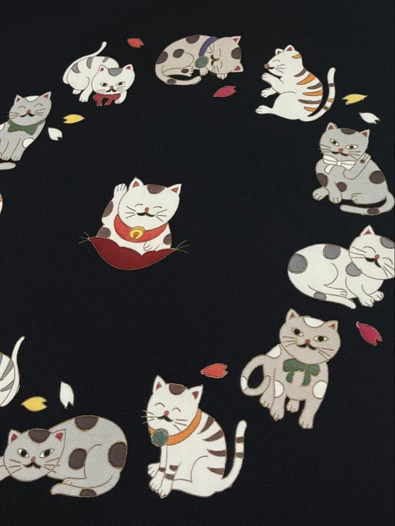 手描き 塩瀬 染帯 九寸名古屋帯 招き猫 金彩 正絹 黒地