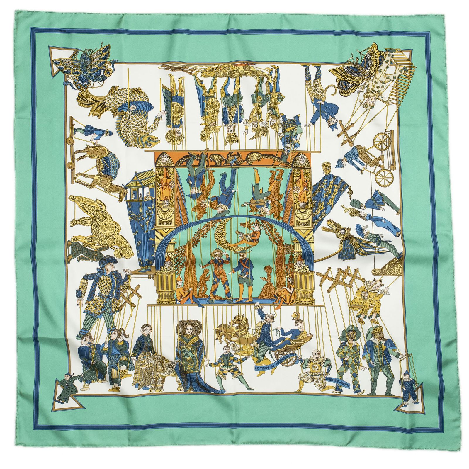 HERMES エルメススカーフ緑 青 金 ツイルシルクA