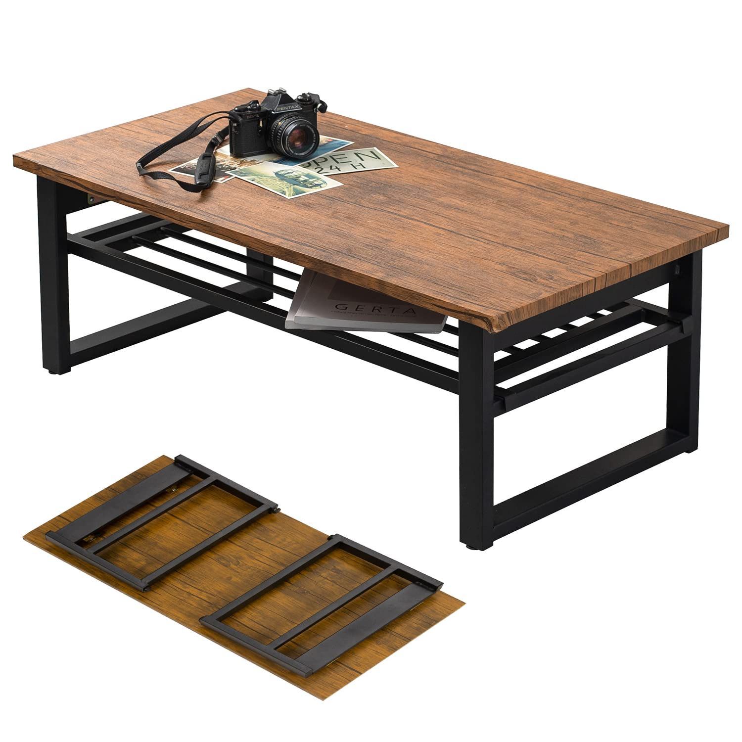 人気 萩原 Hagihara ローテーブル センターテーブル 折りたたみ式 棚付き テーブル 机 木目調天板×スチール脚 インダストリアル リビング ソファテーブル 幅90 ブラウン 頑丈 LT-4398BR