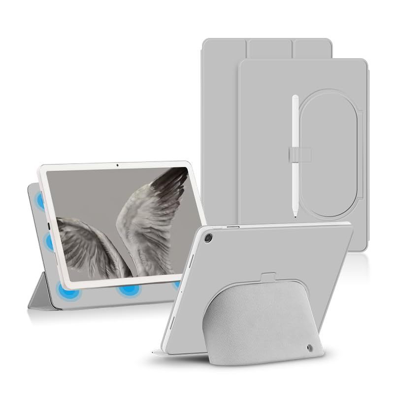 グレー Google Pixel Tablet 用 ケース マグネットス吸着式 2023年発売 チャージングスピーカードックと併用可能 YAJOJO オートスリープ機能付き角度調整 三つ折りカバー スタンド 磁気吸着 薄型 軽