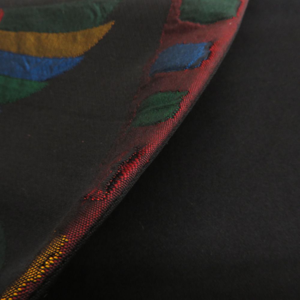 袋帯 洒落袋帯 正絹 黒色x多色 エスニック調 鳥紋様 六通柄 長さ432cm