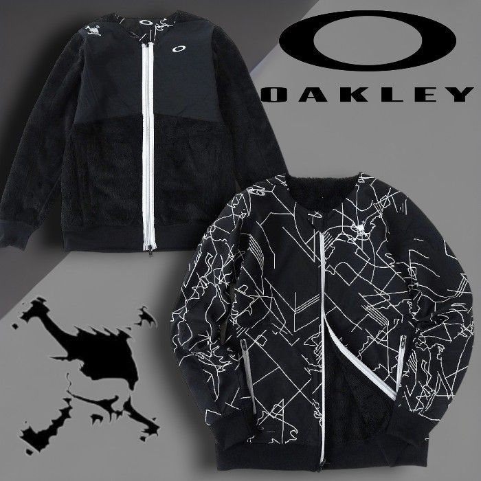 OAKLEY オークリー スカル シェルパフリース切替 グラフィックプリント ネックウォーマー付き 2wayリバーシブル ウィンドジャケット ブルゾン ゴルフウェア FOA404239 定1.9万 ブラックプリント M▲053 40220m02