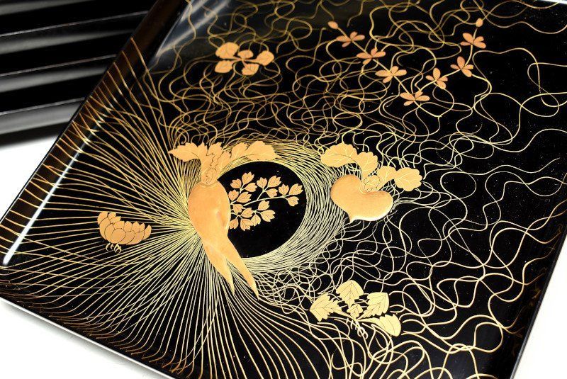 蔵A3009 木製黒塗 盛蒔絵二股大根蕪図 吸物膳 会席盆 十客 時代