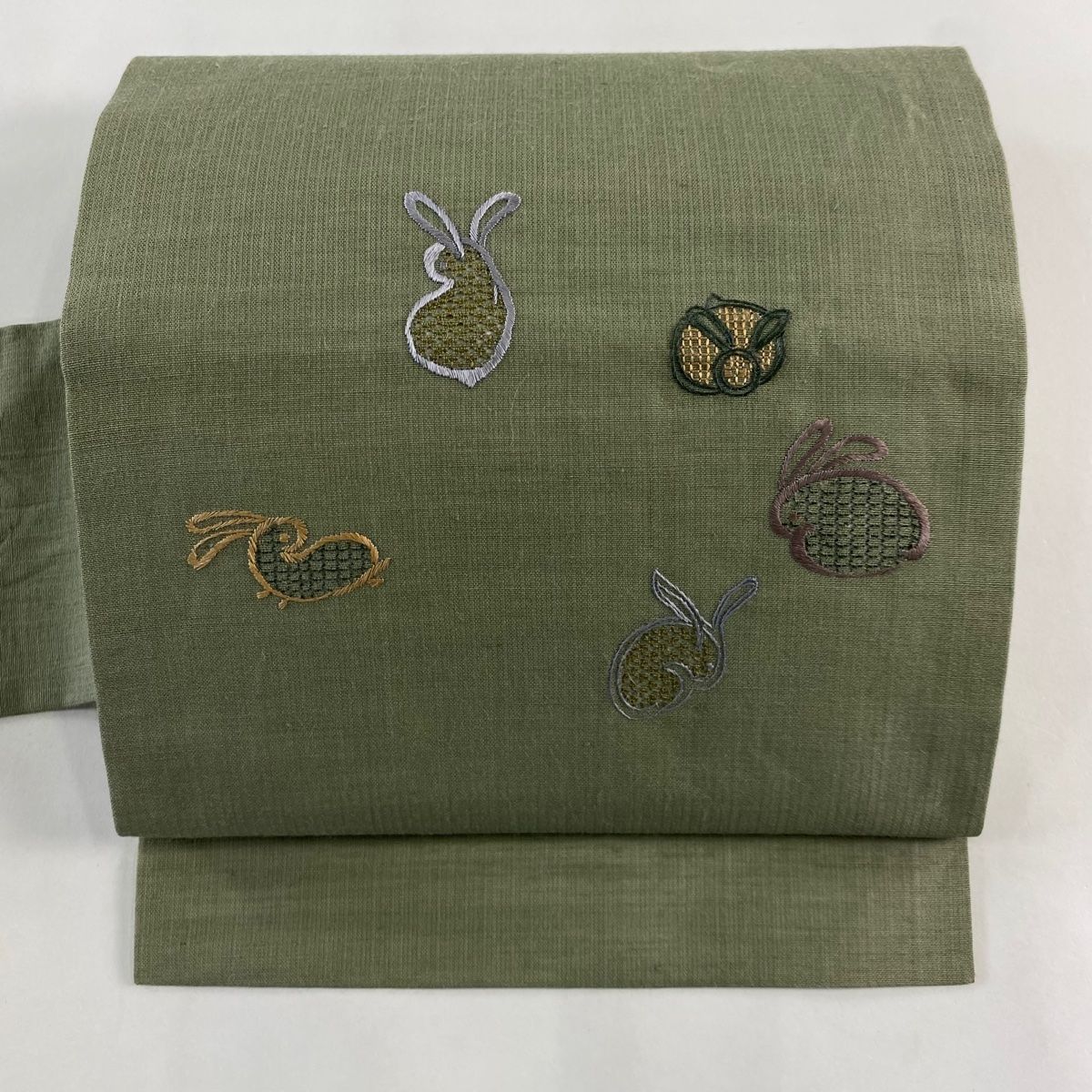 名古屋帯 名品 夏帯 うさぎ 刺繍 購入 灰緑 正絹 【】 名古屋帯 名品 夏帯