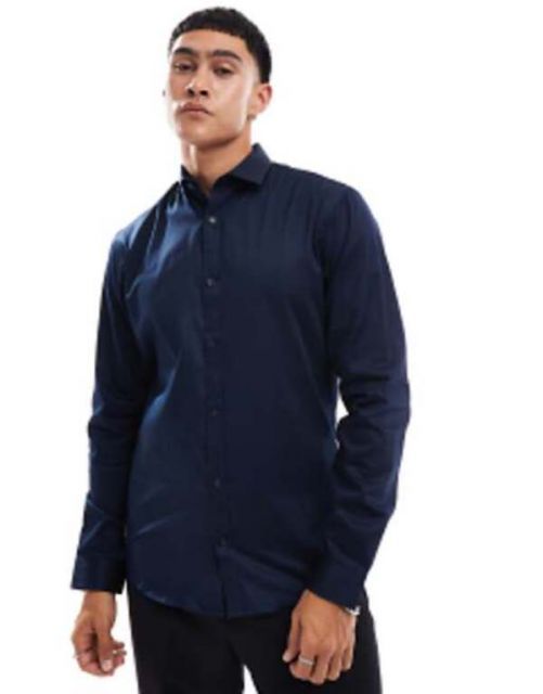 【送料無料】 ジャック アンド ジョーンズ メンズ シャツ トップス Jack u0026 Jones Premium slim fit stretch smart shirt in navy Navy blazer